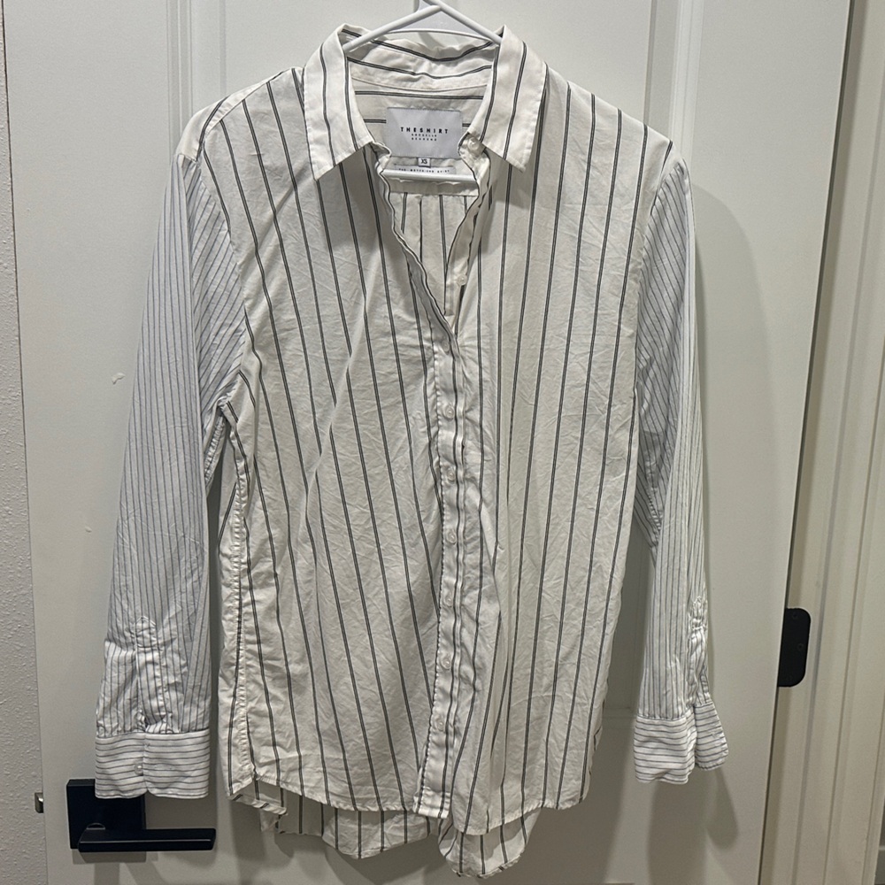 The Shirt by Rochelle Behrens White Button-Down with Thin Black Stripes